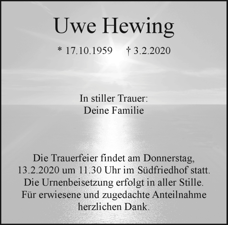  Traueranzeige für Uwe Hewing vom 11.02.2020 aus Nordbayerischer Kurier