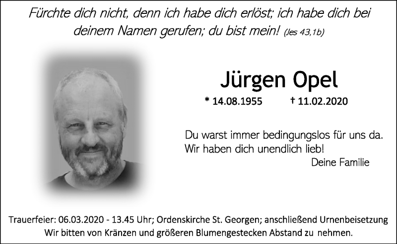  Traueranzeige für Jürgen Opel vom 29.02.2020 aus Nordbayerischer Kurier