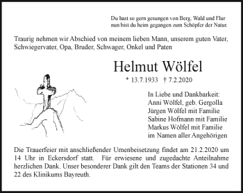 Anzeige von Helmut Wölfel von Nordbayerischer Kurier