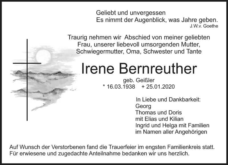 Traueranzeige für Irene Bernreuther vom 01.02.2020 aus Nordbayerischer Kurier
