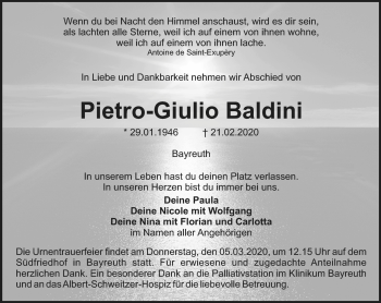 Anzeige von Pietro-Giulio Baldini von Nordbayerischer Kurier