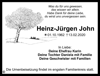 Anzeige von Heinz-Jürgen John von Nordbayerischer Kurier