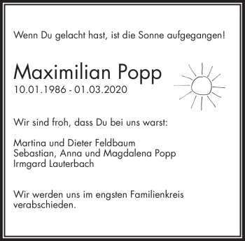 Anzeige von Maximilian Popp von Nordbayerischer Kurier