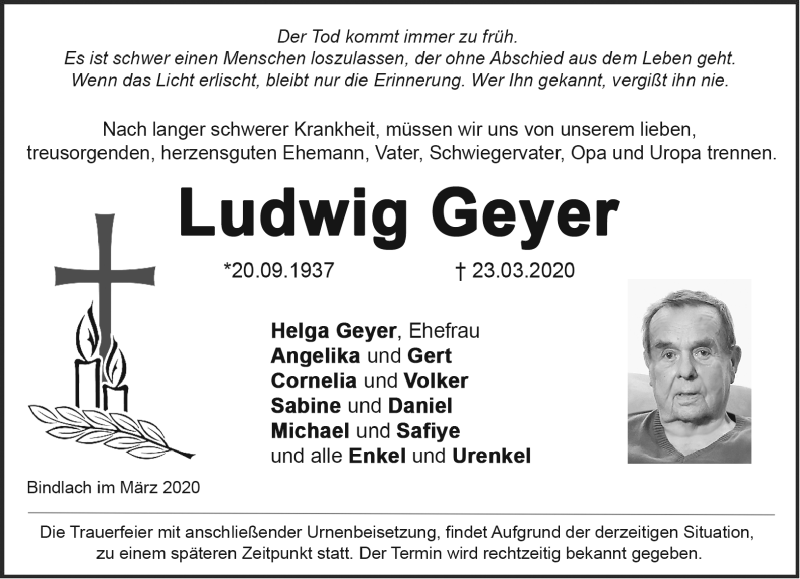  Traueranzeige für Ludwig Geyer vom 28.03.2020 aus Nordbayerischer Kurier