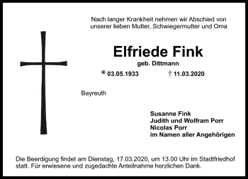 Anzeige von Elfriede Fink von Nordbayerischer Kurier