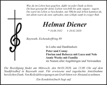 Anzeige von Helmut Diener von Nordbayerischer Kurier