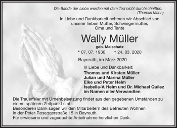 Anzeige von Wally Müller von Nordbayerischer Kurier