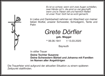 Anzeige von Grete Dörfler von Nordbayerischer Kurier