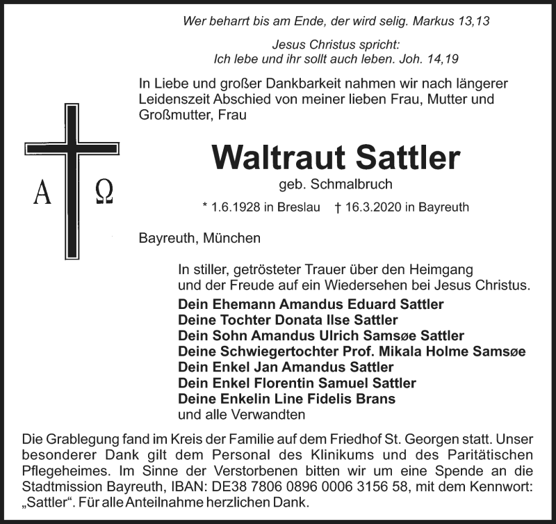  Traueranzeige für Waltraut Sattler vom 30.03.2020 aus Nordbayerischer Kurier