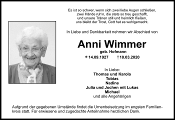 Anzeige von Anni Wimmer von Nordbayerischer Kurier