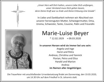 Anzeige von Marie-Luise Beyer von Nordbayerischer Kurier