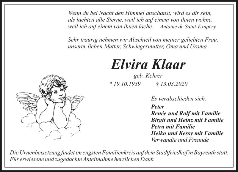  Traueranzeige für Elvira Klaar vom 19.03.2020 aus Nordbayerischer Kurier
