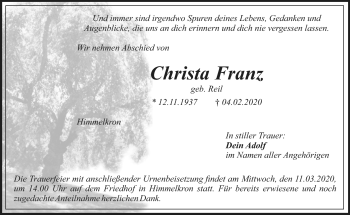 Anzeige von Christa Franz von Nordbayerischer Kurier