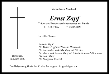 Anzeige von Ernst Zapf von Nordbayerischer Kurier