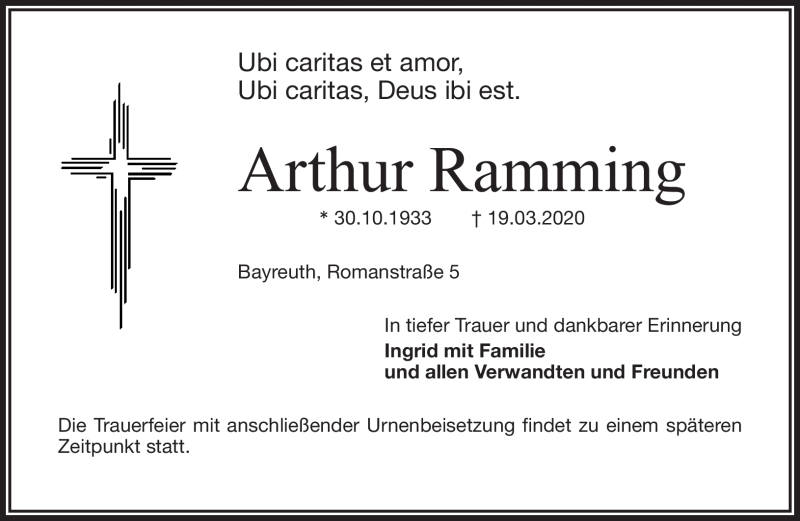  Traueranzeige für Arthur Ramming vom 24.03.2020 aus Nordbayerischer Kurier