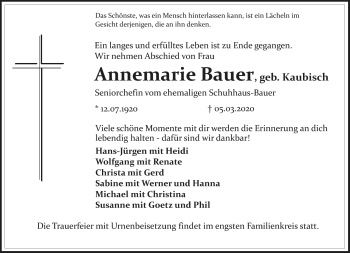 Anzeige von Annemarie Bauer von Nordbayerischer Kurier