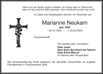 Anzeige von Marianne Neukam von Nordbayerischer Kurier