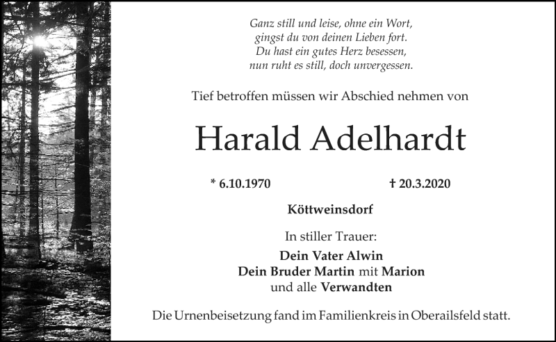 Traueranzeige für Harald Adelhardt vom 28.03.2020 aus Nordbayerischer Kurier