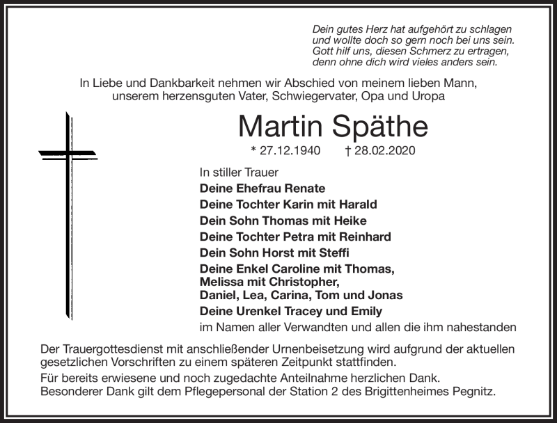  Traueranzeige für Martin Späthe vom 19.03.2020 aus Nordbayerischer Kurier