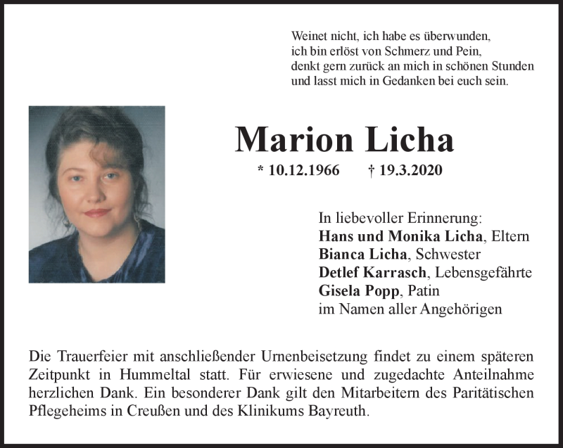  Traueranzeige für Marion Licha vom 28.03.2020 aus Nordbayerischer Kurier