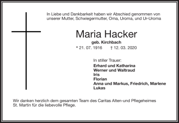 Anzeige von Maria Hacker von Nordbayerischer Kurier