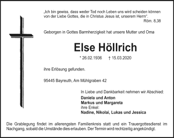 Anzeige von Else Höllrich von Nordbayerischer Kurier