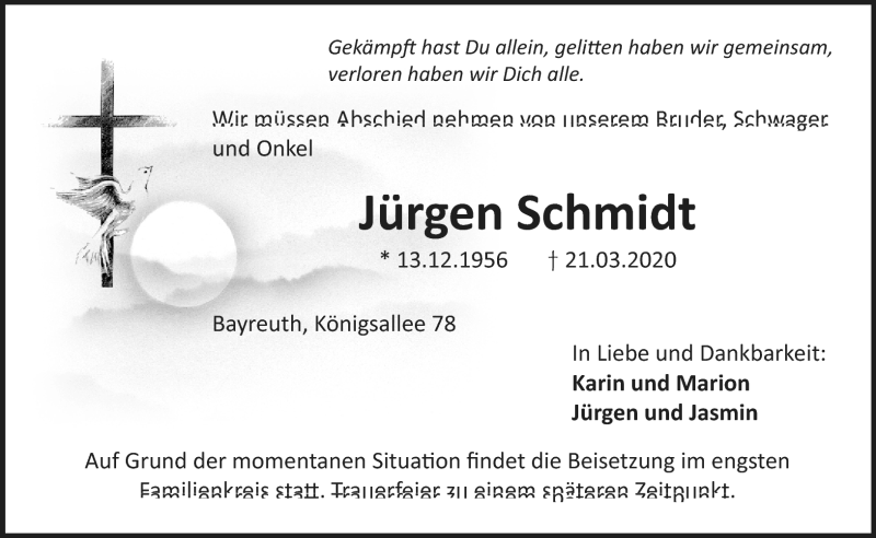  Traueranzeige für Jürgen Schmidt vom 25.03.2020 aus Nordbayerischer Kurier