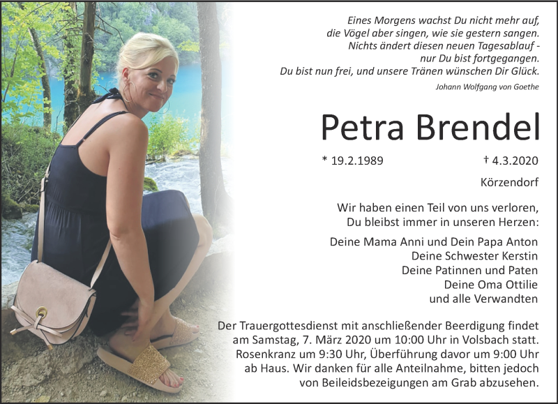  Traueranzeige für Petra Brendel vom 06.03.2020 aus Nordbayerischer Kurier