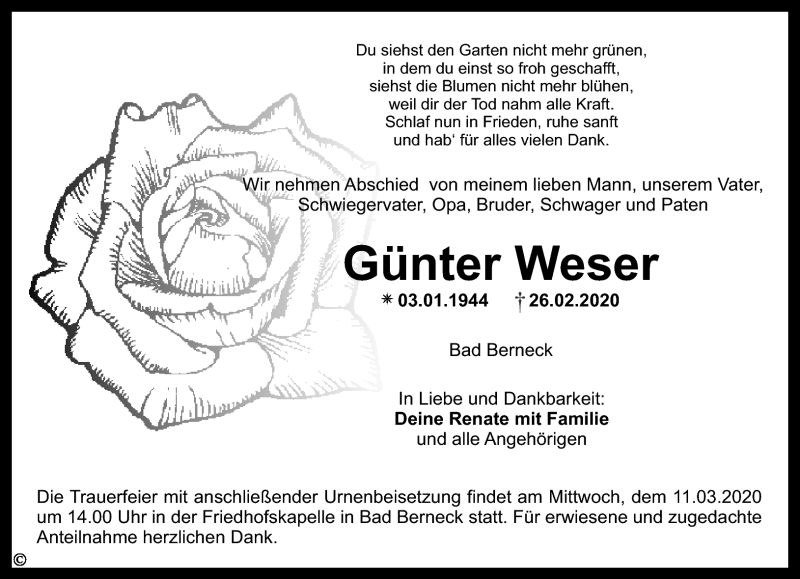  Traueranzeige für Günter Weser vom 07.03.2020 aus Nordbayerischer Kurier
