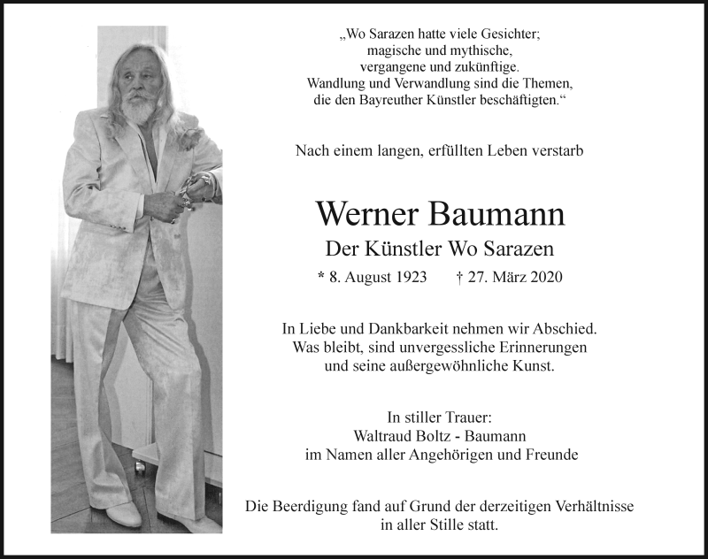  Traueranzeige für Werner Baumann vom 02.04.2020 aus Nordbayerischer Kurier