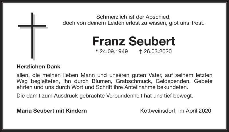  Traueranzeige für Franz Seubert vom 18.04.2020 aus Nordbayerischer Kurier