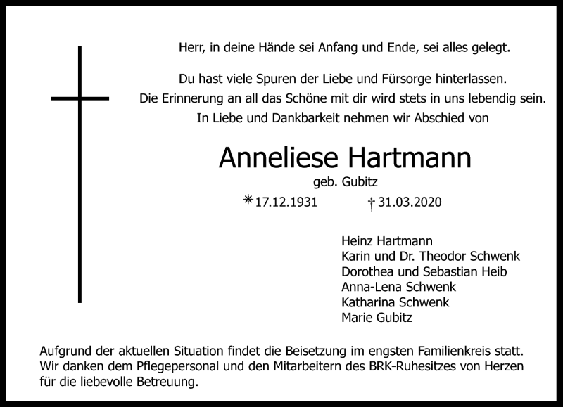  Traueranzeige für Anneliese Hartmann vom 04.04.2020 aus Nordbayerischer Kurier