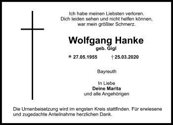 Anzeige von Wofang Hanke von Nordbayerischer Kurier