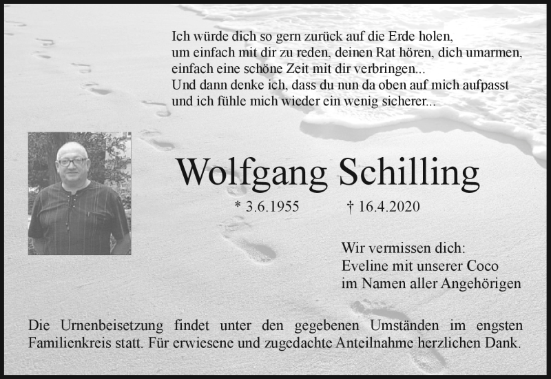  Traueranzeige für Wolfgang Schilling vom 25.04.2020 aus Nordbayerischer Kurier