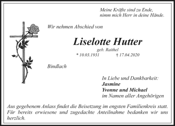 Anzeige von Lieselotte Hutter von Nordbayerischer Kurier