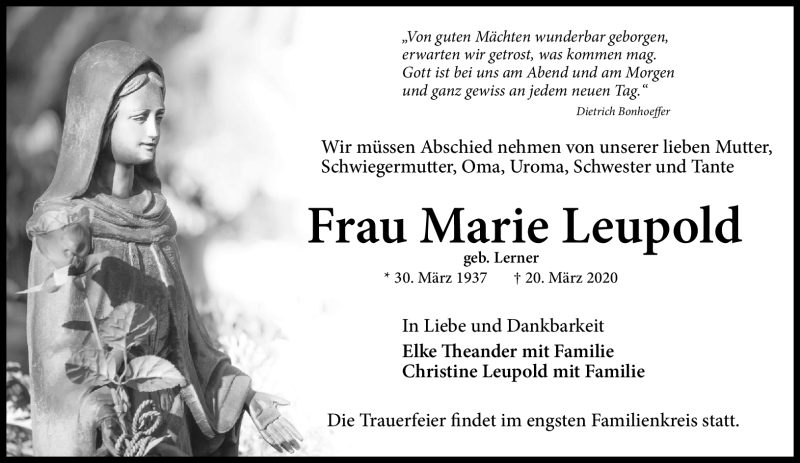  Traueranzeige für Maria Leupold vom 04.04.2020 aus Nordbayerischer Kurier