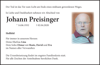 Anzeige von Johann Preisinger von Nordbayerischer Kurier