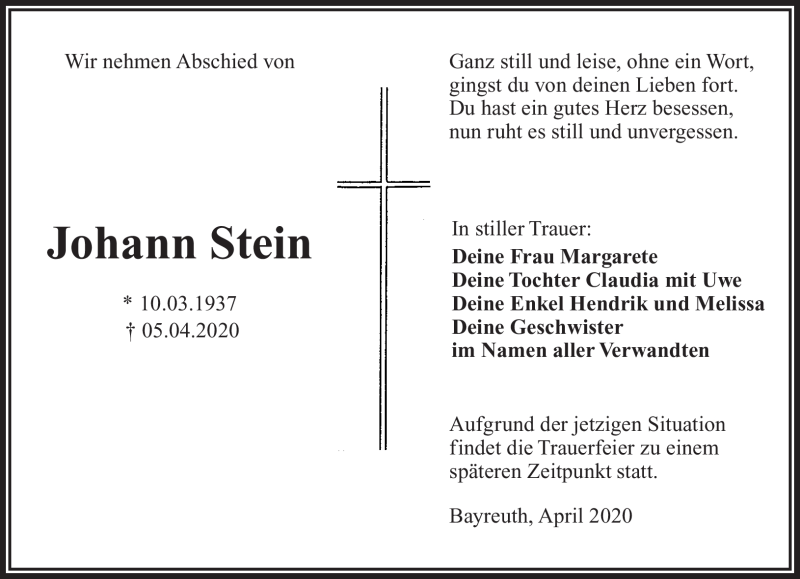  Traueranzeige für Johann Stein vom 11.04.2020 aus Nordbayerischer Kurier