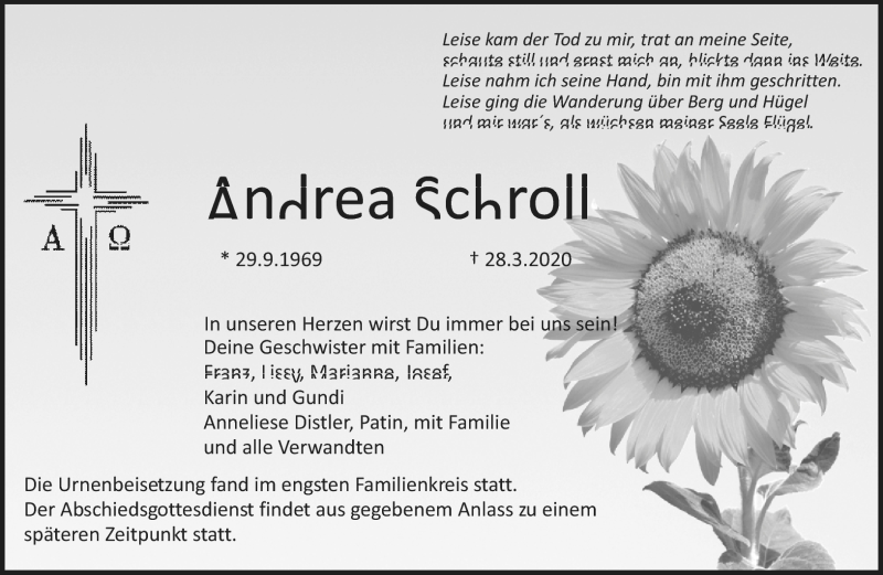  Traueranzeige für Andrea Scholl vom 04.04.2020 aus Nordbayerischer Kurier