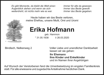 Anzeige von Erika Hofmann von Nordbayerischer Kurier