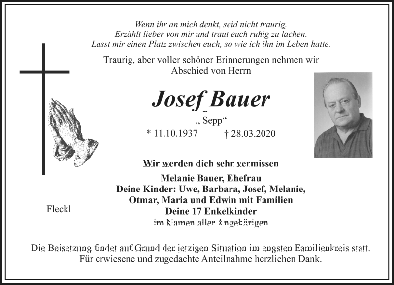  Traueranzeige für Josef Bauer vom 01.04.2020 aus Nordbayerischer Kurier