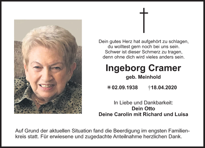  Traueranzeige für Ingeborg Cramer vom 25.04.2020 aus Nordbayerischer Kurier