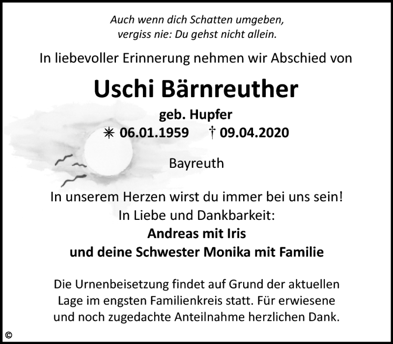  Traueranzeige für Uschi Bärnreuther vom 18.04.2020 aus Nordbayerischer Kurier