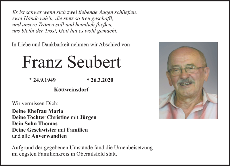  Traueranzeige für Franz Seubert vom 02.04.2020 aus Nordbayerischer Kurier