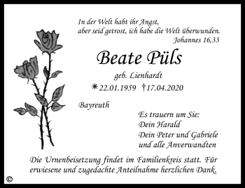 Anzeige von Beate Püls von Nordbayerischer Kurier