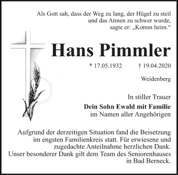 Anzeige von Hans Pimmler von Nordbayerischer Kurier