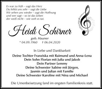 Anzeige von Heidi Schirner von Nordbayerischer Kurier