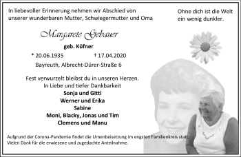 Anzeige von Margarete Gebauer von Nordbayerischer Kurier