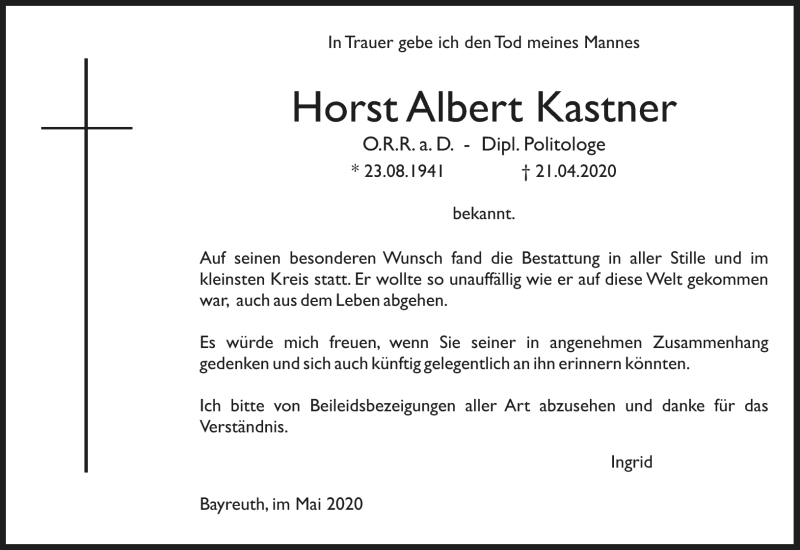  Traueranzeige für Horst Kastner vom 16.05.2020 aus Nordbayerischer Kurier
