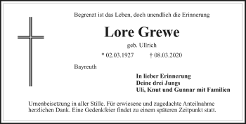 Anzeige von Lore Grewe von Nordbayerischer Kurier
